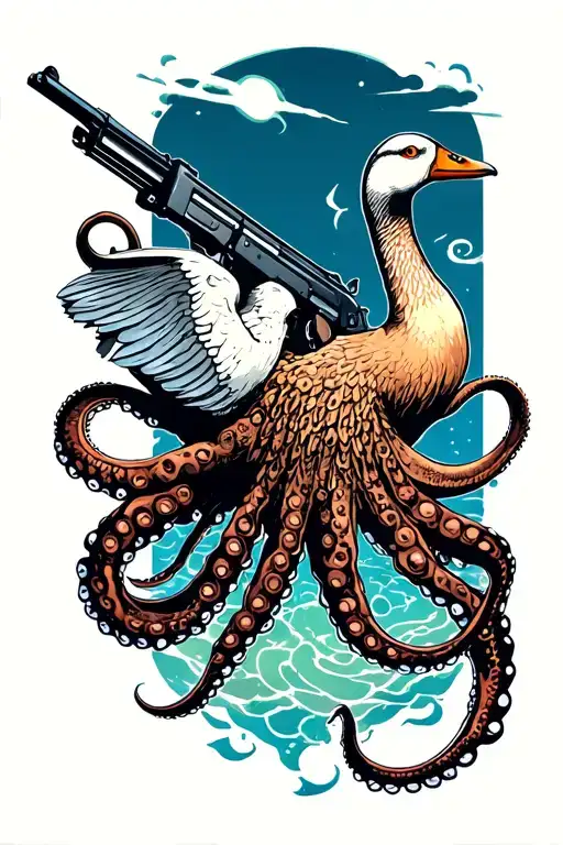 Goose Shooting Ak47 At An Octopus Below