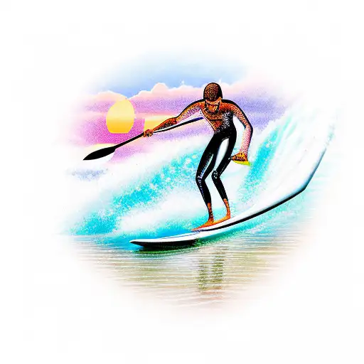 Surfer Silloutte Paddling Into Sunset