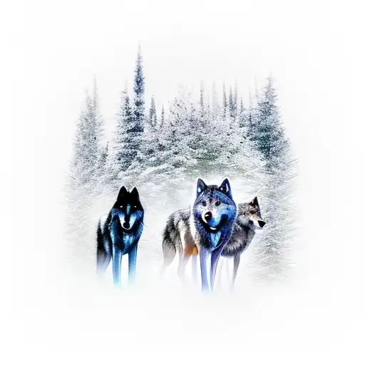 The Pack Of 3 Wolfs In The Dark Forest