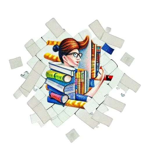A Realistic Portrait Of A Bookworm Surrounded By Puzzle Pieces