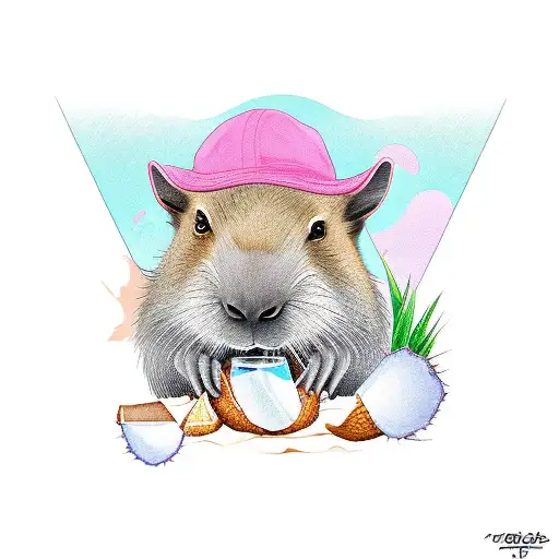 An Artistic Representation Of A Capybara Drinking Beer From A Coconut On A Tropical Beach