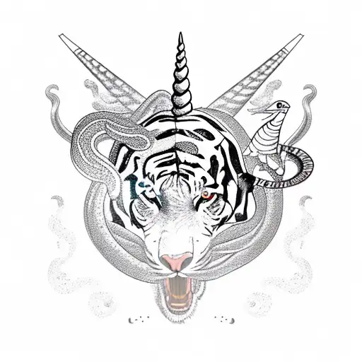 Snake Wrapped Around A Unicorn With A Bird On Top A Tiger