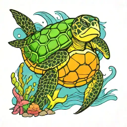 Underwater Scene Colorful With A Sea Turtle Swimming And Garden City Nc Pier In The Background