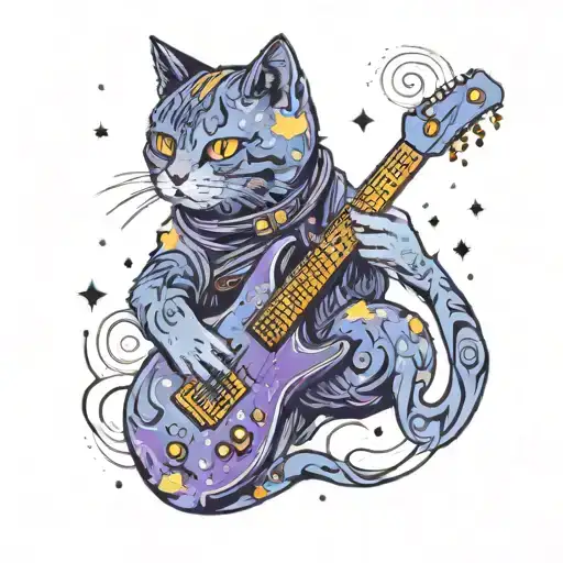 A Cat Playing An Electric Guitar Surrounded By Swirling Galaxies