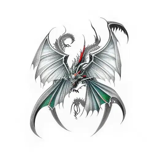 Black Dragon With Sharp Scales Open Wings And Green Eyes