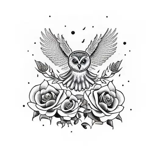 Owl With Open Wings And Roses