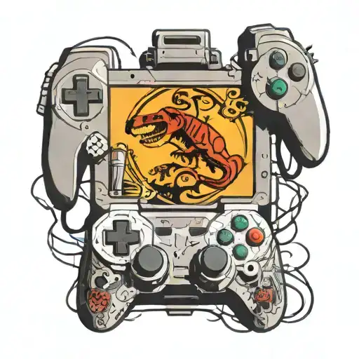 A Video Game Controller Surrounded By Gothic Symbols And Imagery From Jurassic Park