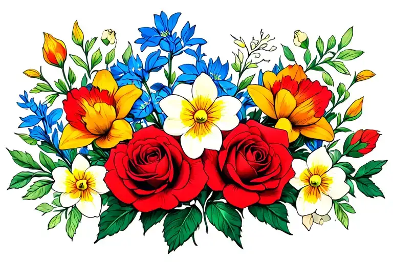 Red Roses Larkspur Daffodil Peony Snowdrop Flowers Horizontal Line