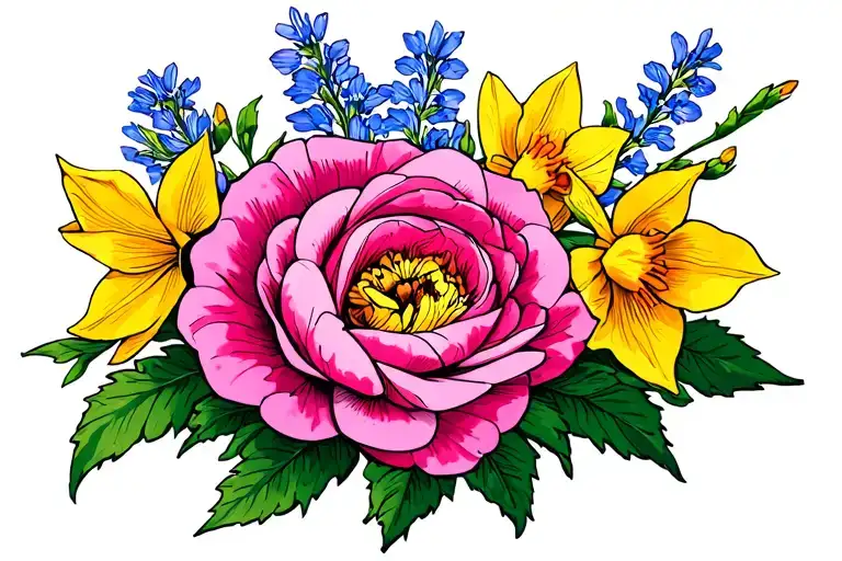 Roses Larkspur Daffodil Peony Flowers Horizontal Line