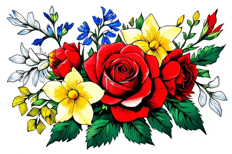 Red Roses Larkspur Daffodil Peony Snowdrop Flowers Horizontal Line