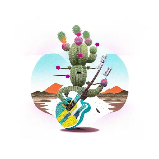 A New-school Design Of A Saguaro Cactus Playing A Guitar With A Scenic Desert Backdrop
