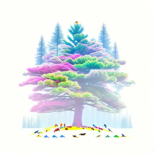 A Majestic Pine Tree Surrounded By A Symphony Of Colorful Birds