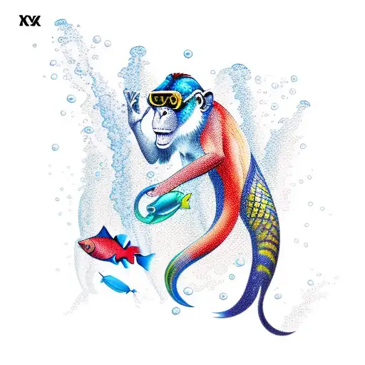 An Underwater Scene With A Diving Monkey Surrounded By Colorful Fish