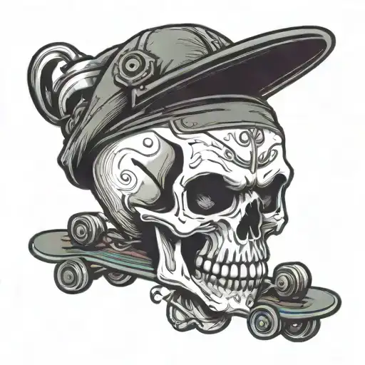 Skull Wearing Backwards Hat With A Skateboard Cartoon