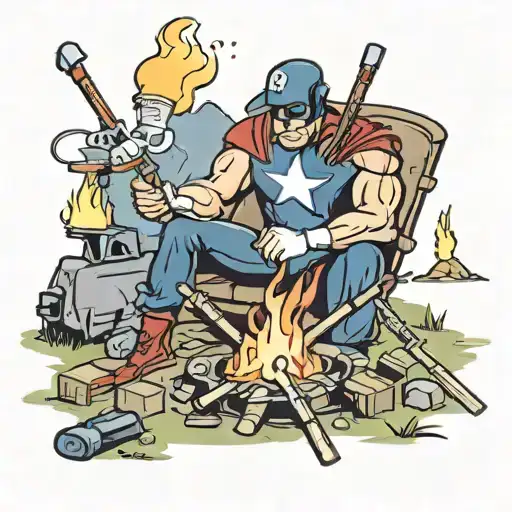 A Superhero-themed Camping Scene With A Hero Roasting Marshmallows Over A Fire Made Of Tools