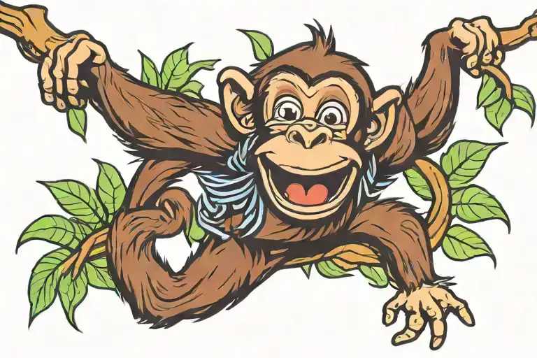 Happy Monkey On Branch And Leaves Growing