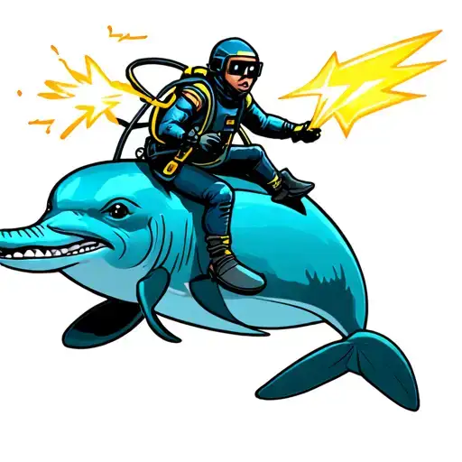 Diver Riding Dolphin While Holding A Lighting Bolt