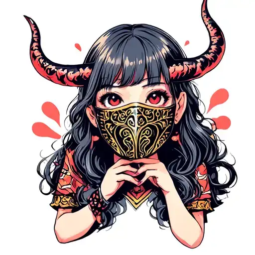 Cute Girl Hold In Hads Oni Mask And Cover Half Of Face
