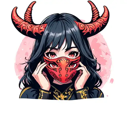 Cute Girl Hold In Hads Oni Mask And Cover Half Of Face