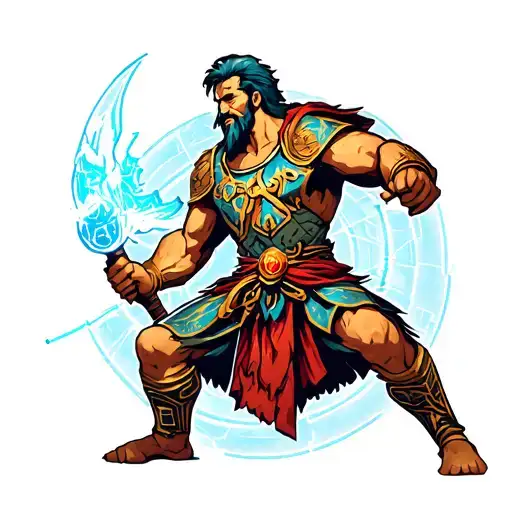 A Warrior From Greek Mythology Battling A Video Game Boss In A Virtual World