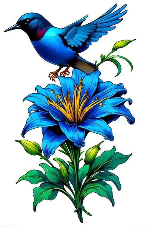 One Lily Flower And One Swallow Bird Flying Away