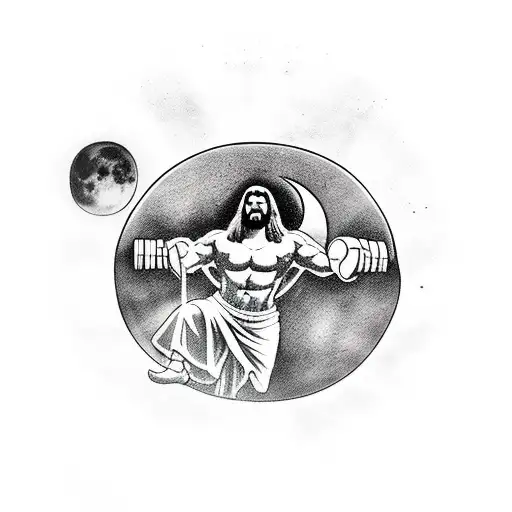 A Powerful Jesus Figure Lifting Weights With The Moon As A Backdrop