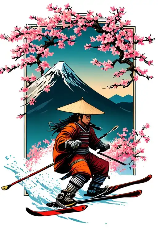 A Samurai Warrior Skiing Down A Cherry Blossom-covered Mountain
