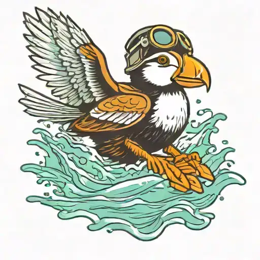 Horned Puffin Taking Off From Water Wearing Antique Leather Pilot Helmet With Goggles