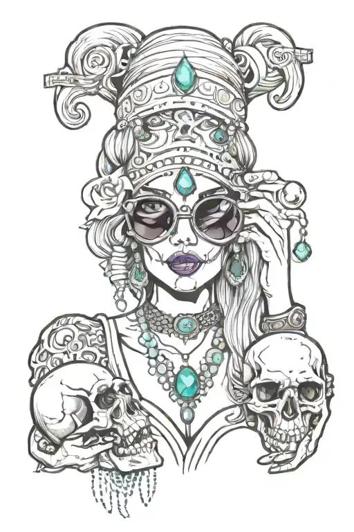 Blonde Blindfolded Gypsy Side Profile Holding A Crystal Ball With A Skull Inside