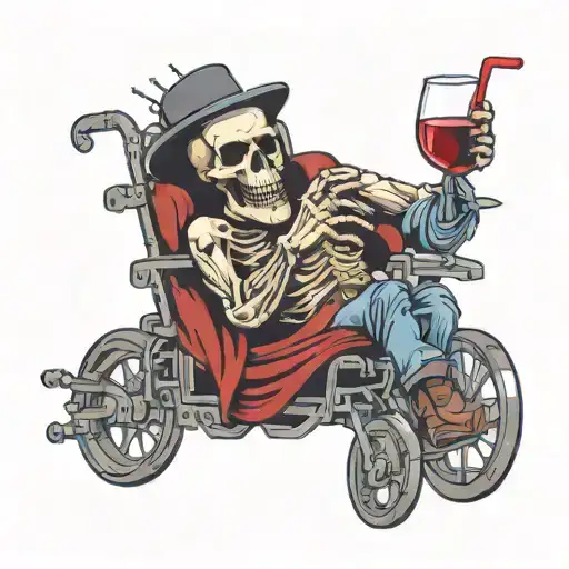 Skull In A Wheelchair Drinking Wine