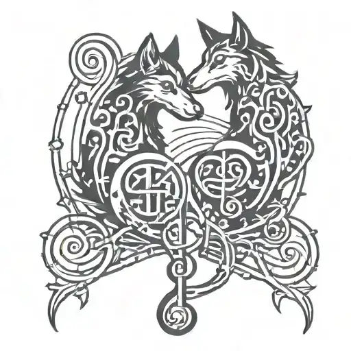 A Music Note Staff Made Of Intertwined Wolf And Crow Silhouettes