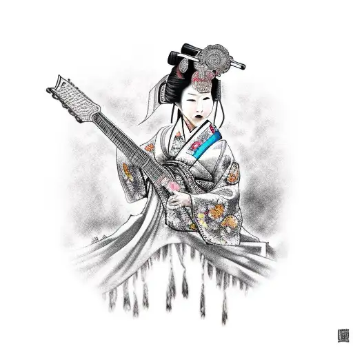An Intricately Detailed Tattoo Of A Traditional Japanese Geisha Playing A Death Metal Guitar