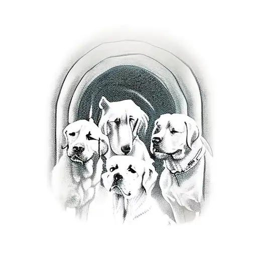 A Group Of Six Protector Dogs Standing Guard At The Entrance Of A Mystical Tunnel