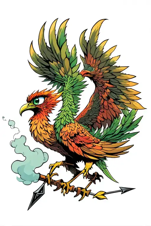 Phoenix Coming From Weed Smoke With It's 3Rd Eye Open And Holding An Arrow In Its Feet