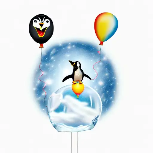 Penguin Flying Away Using A Balloon From An Iceberg With Lions In It
