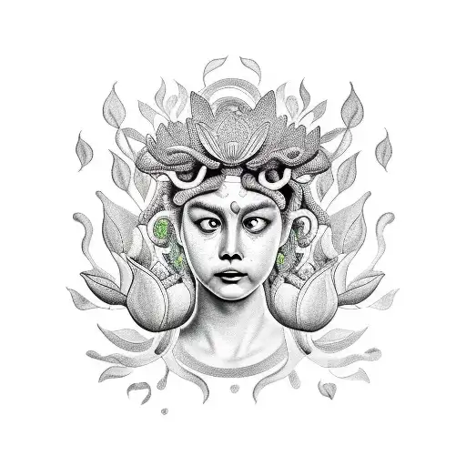 Medusa Crying With Lotus Flowers