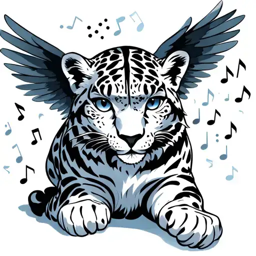 A Snow Leopard With Wings Made Of Musical Notes Flying Towards A New Light