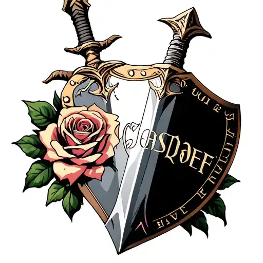 Link Sword And Shield With Words Wisdom Courage Power Surround By A Rose