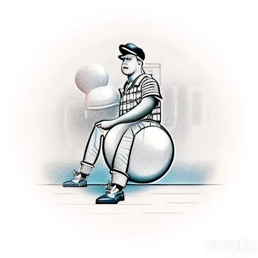 A New-school Tattoo Of A Factory Worker With A Bowling Ball And Pins In The Background