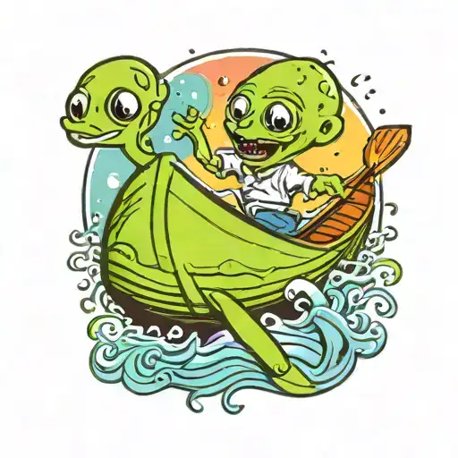 Happy Alien Paddling A Canoe Floating
