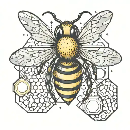 A Queen Bee Wearing A Crown Surrounded By A Swarm Of Geometric Honeycombs