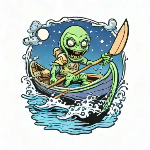 Happy Alien Paddling A Canoe