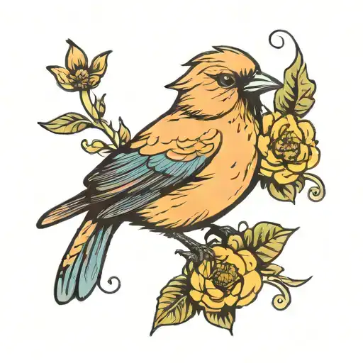 Old School Bird And Flowers