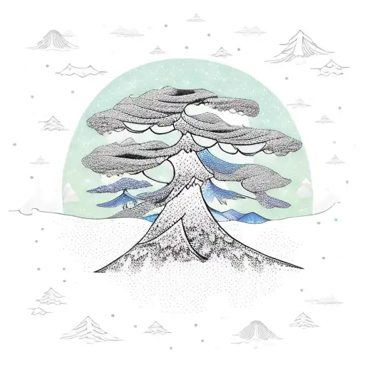 A Patchwork Tree Growing On Top Of A Mountain With Waves Crashing At Its Base