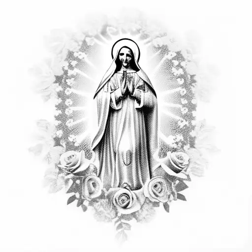 Virgin Mary Full Body And Praying Hands Surrounded By Roses