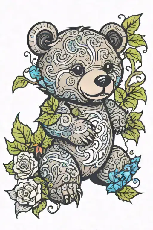 Cartoon Bear With Flowers & Ivy Vines