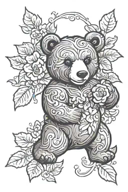 Cartoon Bear With Flowers & Ivy Vines