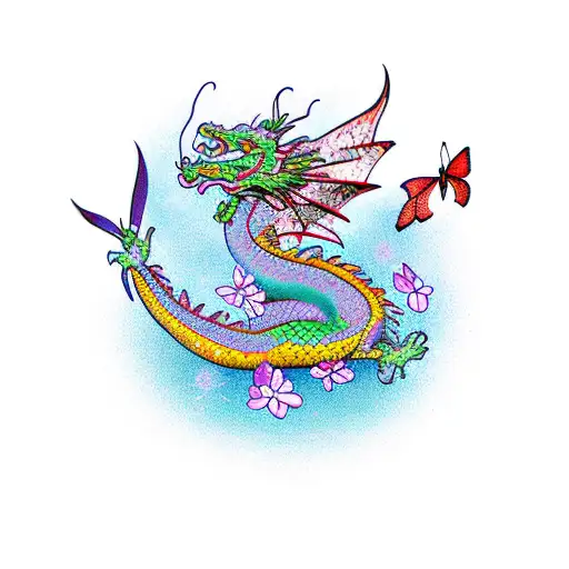 Dragon With Cherry Blossoms And Butterfly Background