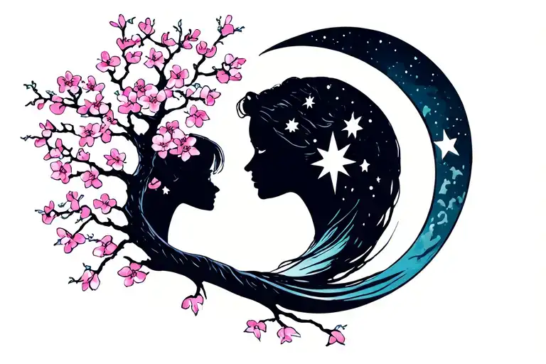 Cherry Blossom Trees Moon Stars Mother An Son