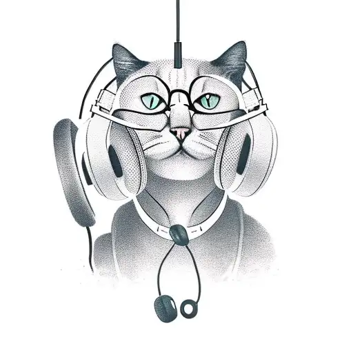A Minimalist Tattoo Of A Cat Wearing Headphones And Listening To Music